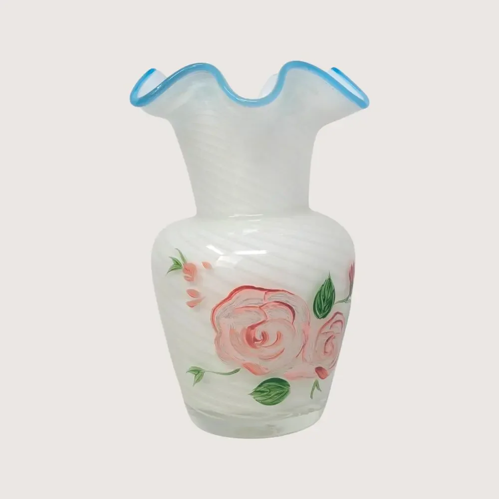 1970s Fenton White Swirl Glass Painted Rose Vase